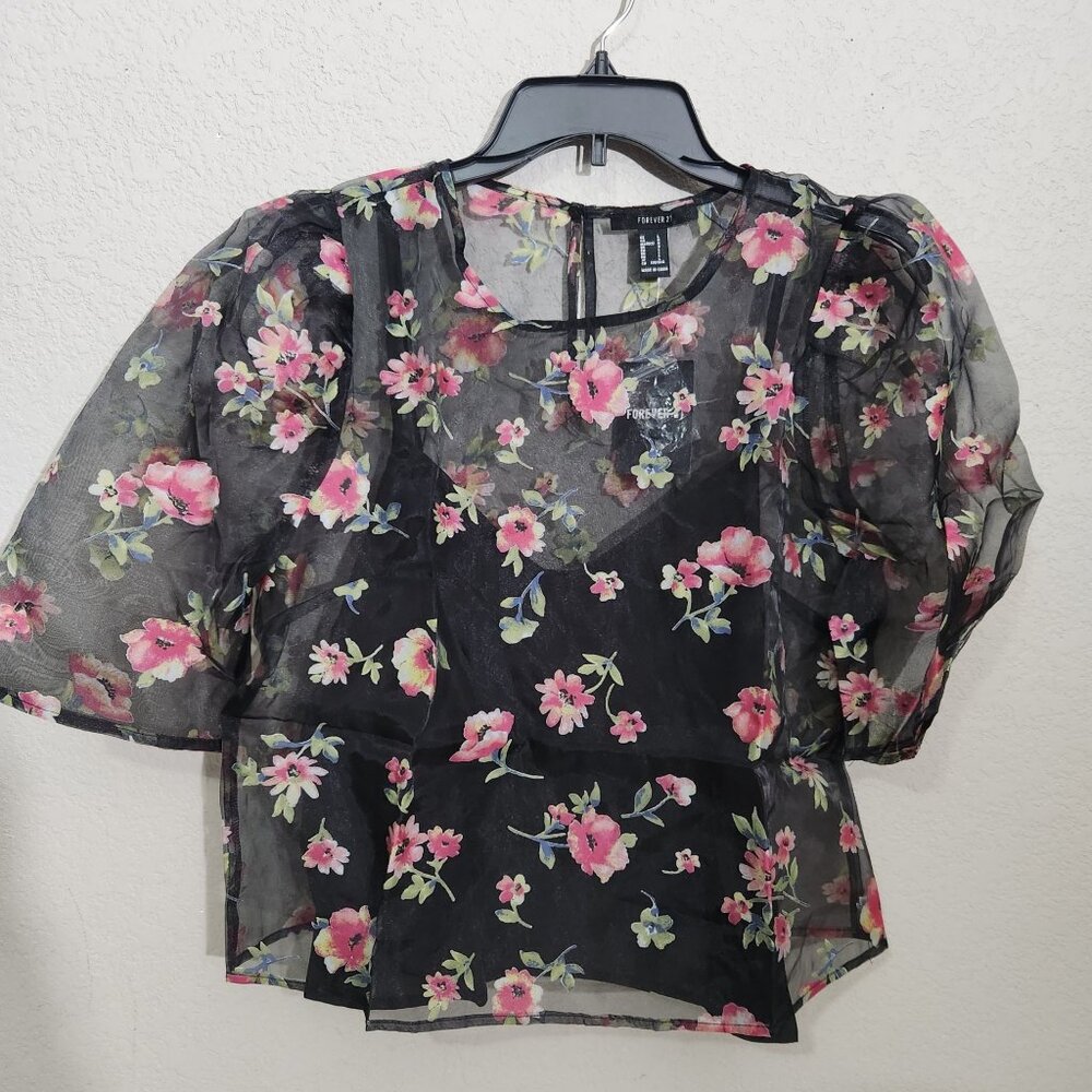 Forever 21 Black Sheer Floral Puff Sleeve Blouse By Forever 21  Size L